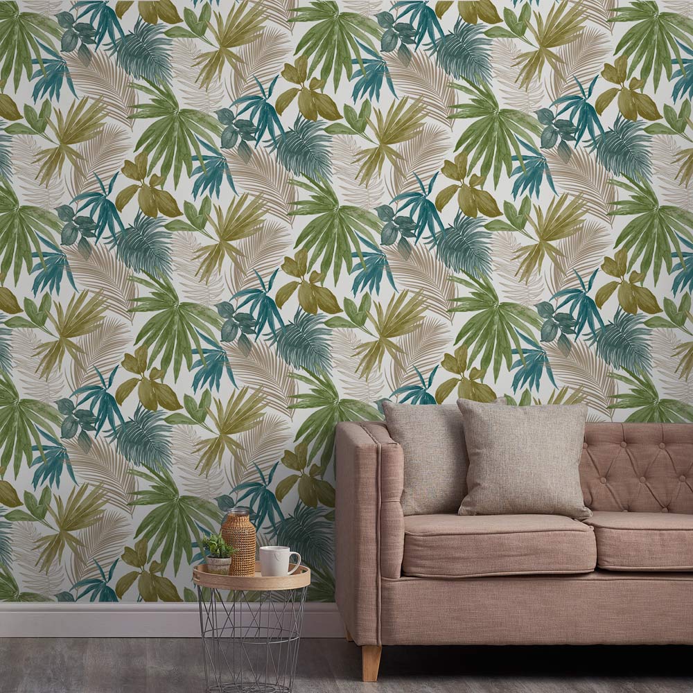 Grandeco Wild Palm Green Teal and Copper Wallpaper Image 3