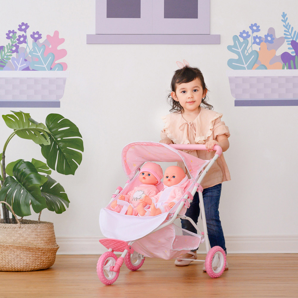 Teamson Kids Olivia's Little World Twinkle Stars Pink Twin Baby Doll Stroller Image 2