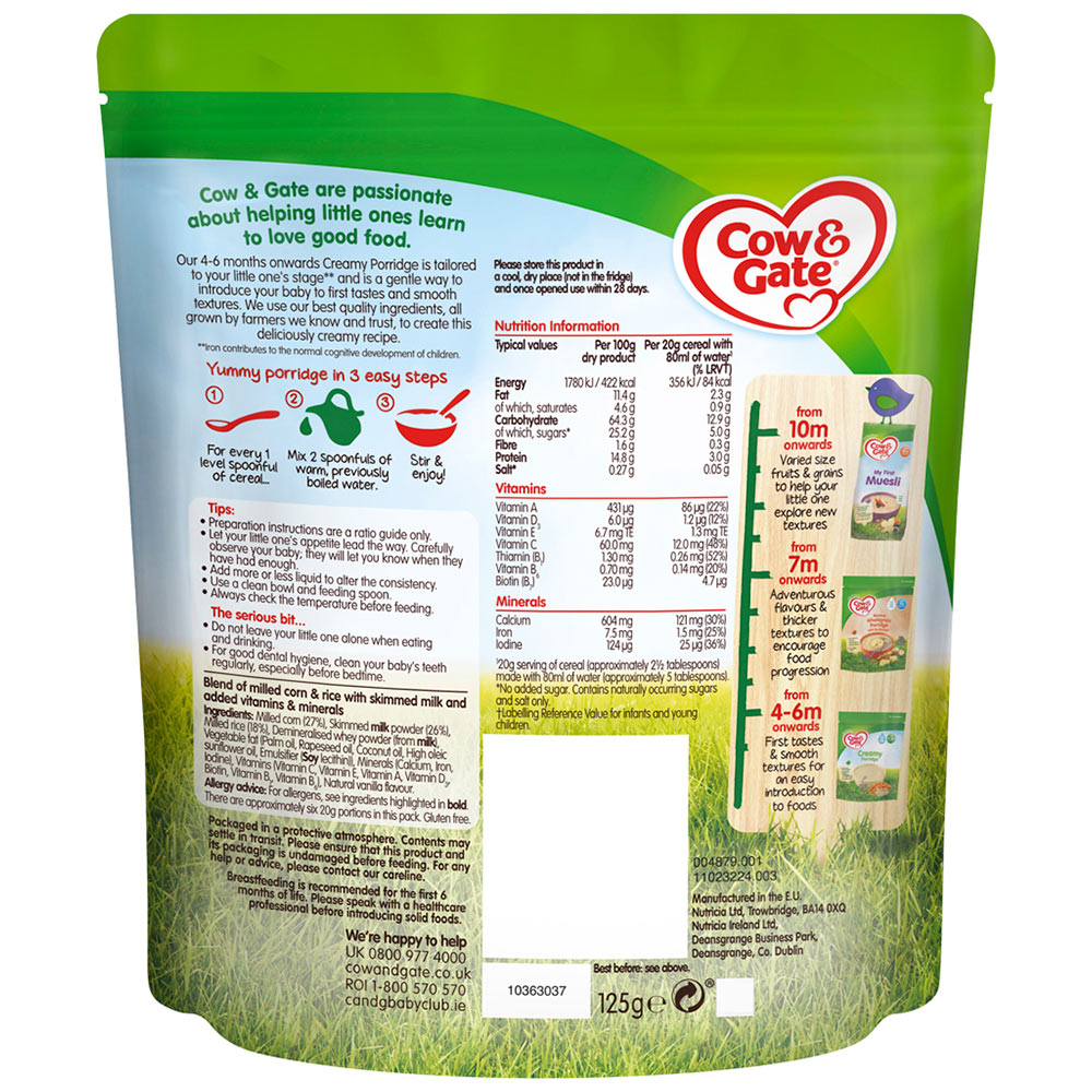 Cow and Gate Cereal Creamy Porridge 125g Image 2