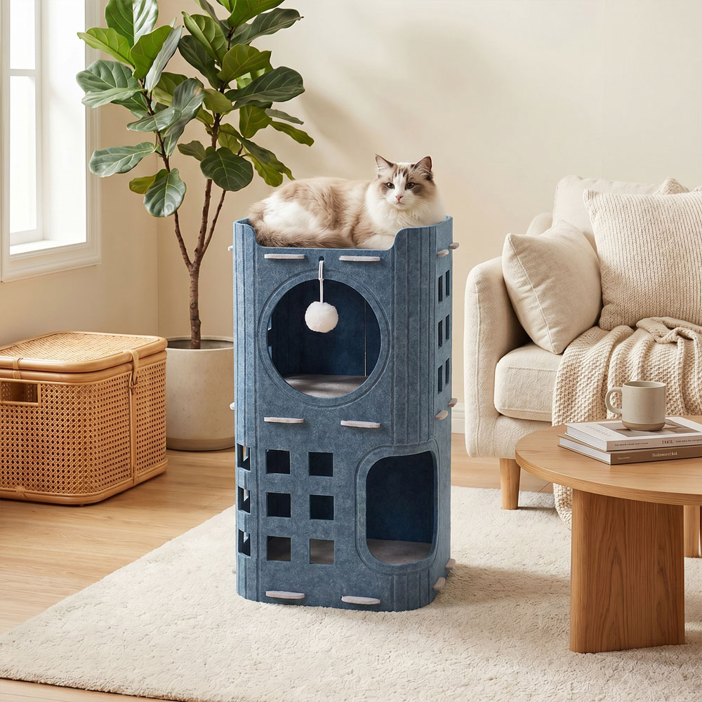 H&O Direct 2-Tier Grey Felt Cat House with Hanging Fluffy Ball Image 2