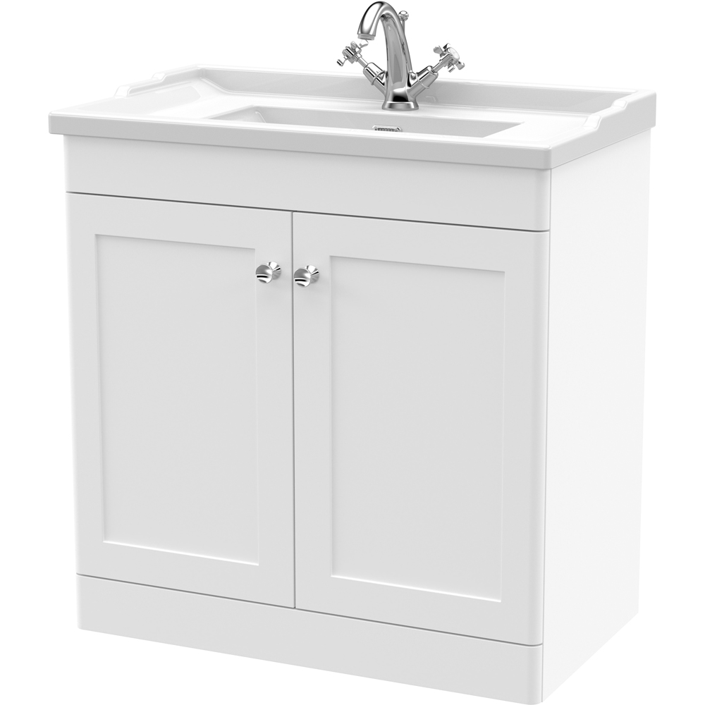 nuie Classique 2 Door Satin White Floor Standing Unit and 1 Tap Hole Fireclay Basin 800mm Image 1
