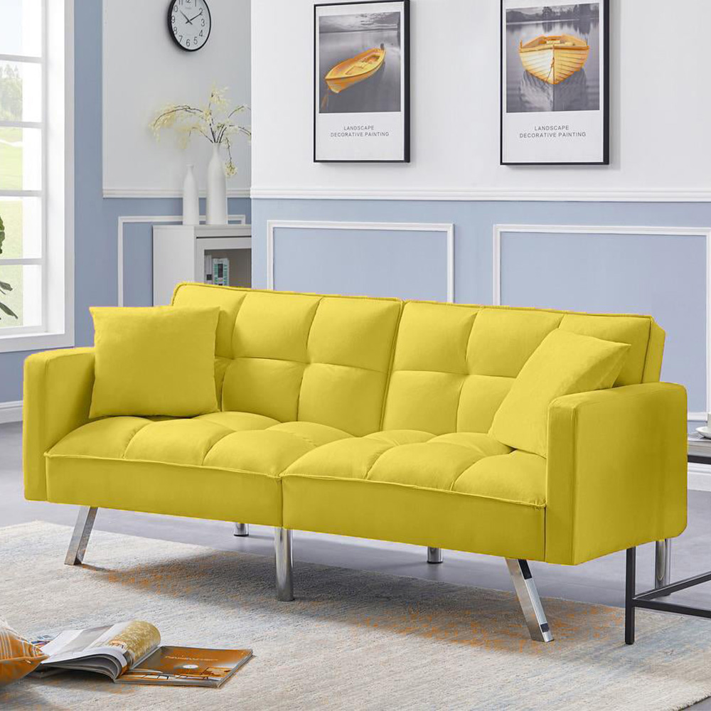 Portland 2 Seater Yellow Velvet Sofa Bed with Pillows Image 1