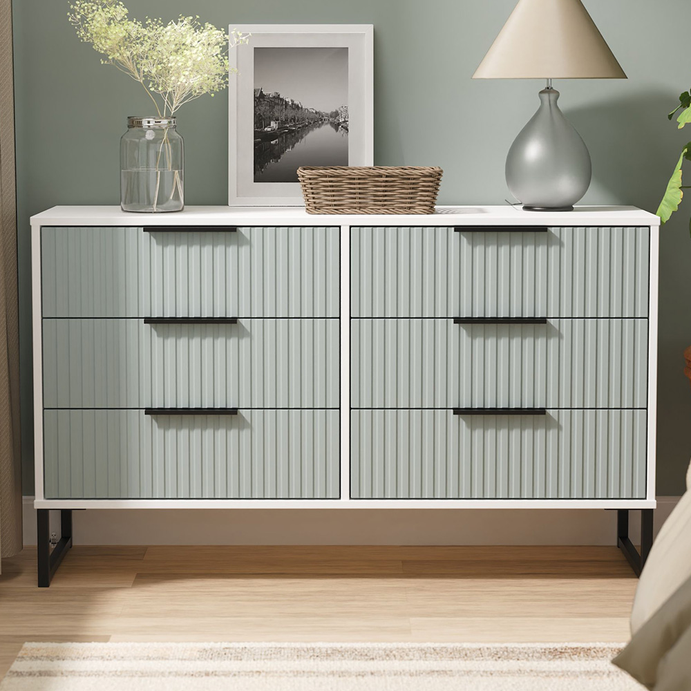 Crowndale Fluted 6 Drawer Duck and White Matt Wide Chest of Drawers Ready Assembled Image 1