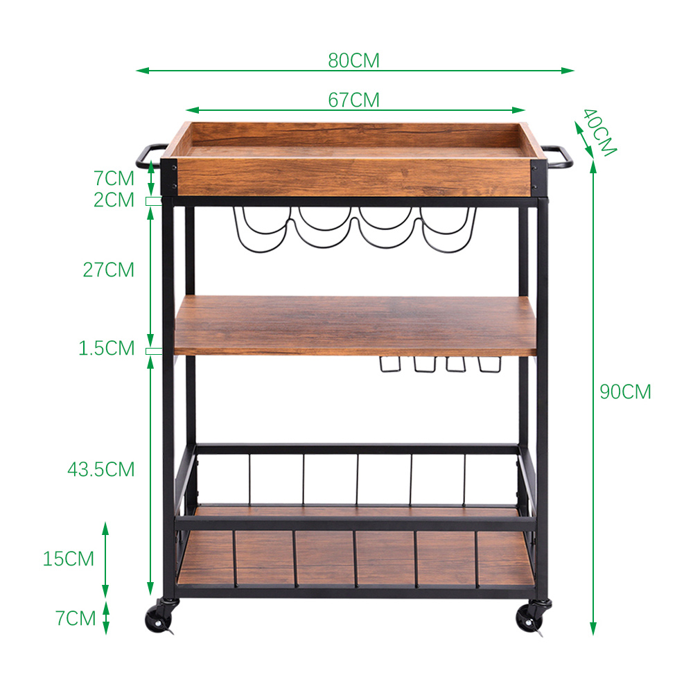 Living and Home 3 Tier Wooden Serving Wine Trolley Image 9