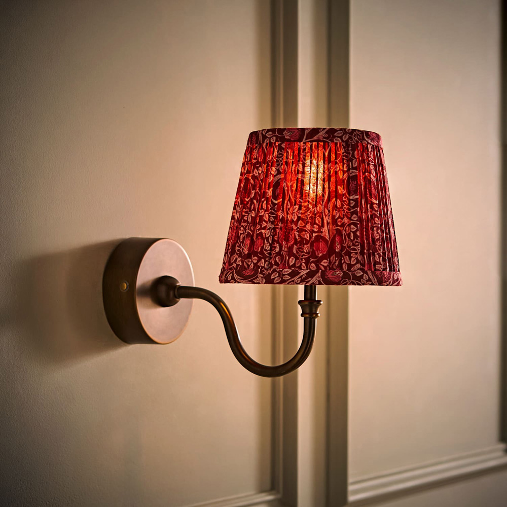 ValueLights Lowe Burgundy Floral Pleated Shade Brass Rechargeable Wall Light with Bulb Image 2