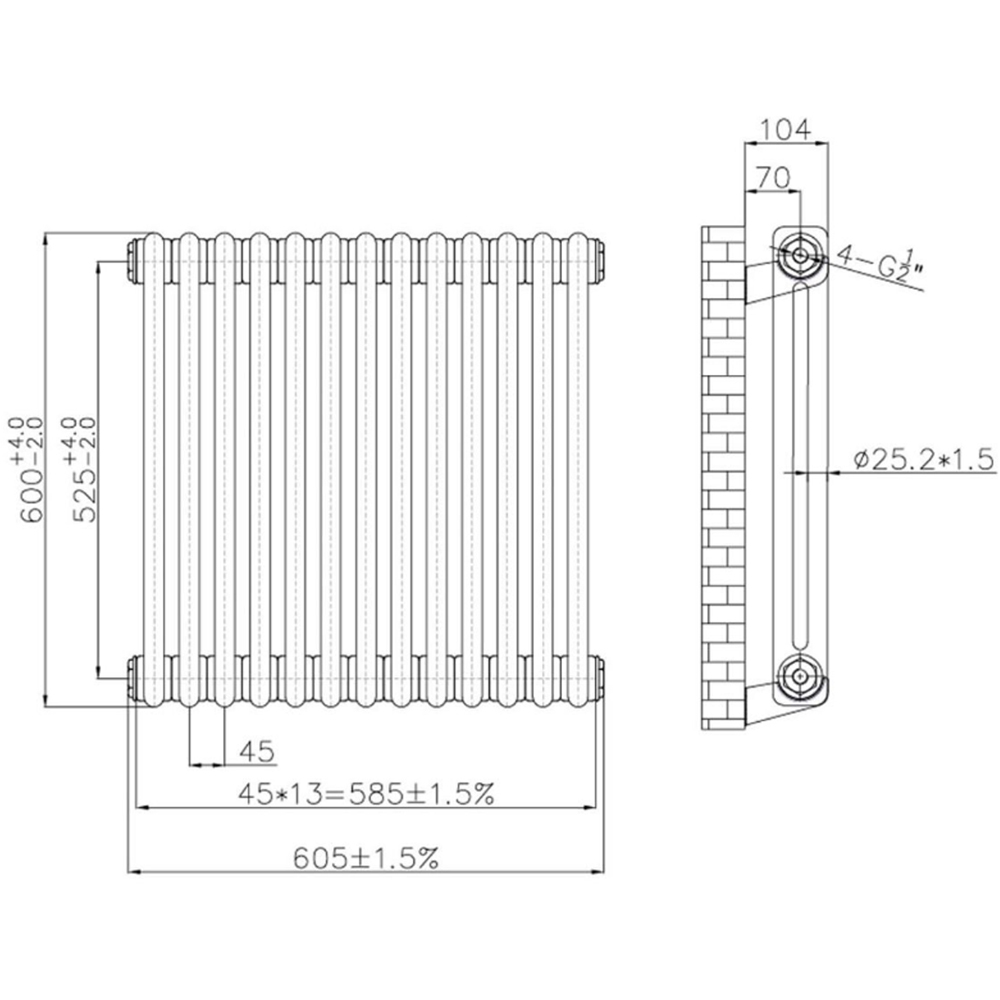 Go Bathrooms Traditional 1996 BTU 2 Column Antique Brass Radiator 600 x 605mm Image 3