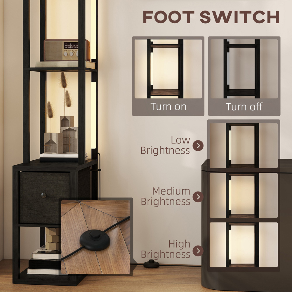 HOMCOM Single Drawer 4 Shelf Black LED Floor Lamp Image 6