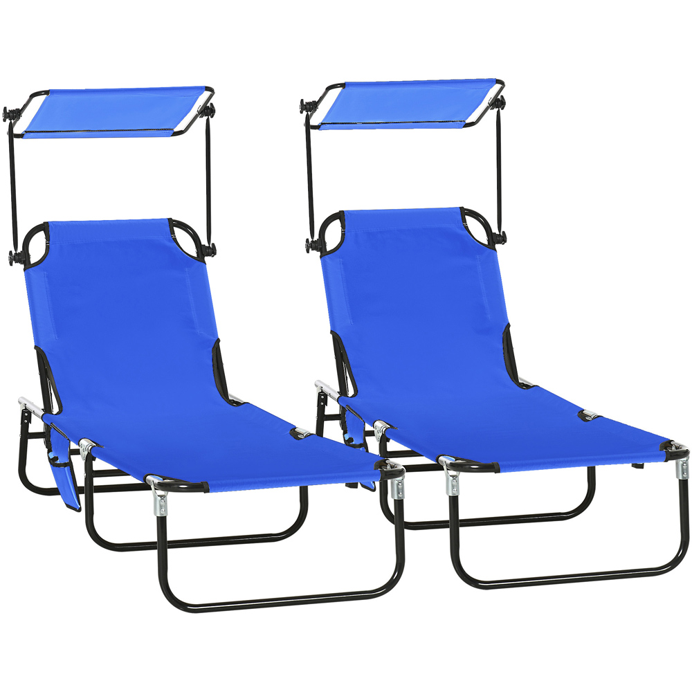 Outsunny Set of 2 Blue Adjustable Folding Sun Lounger with Sunshade Roof Image 2