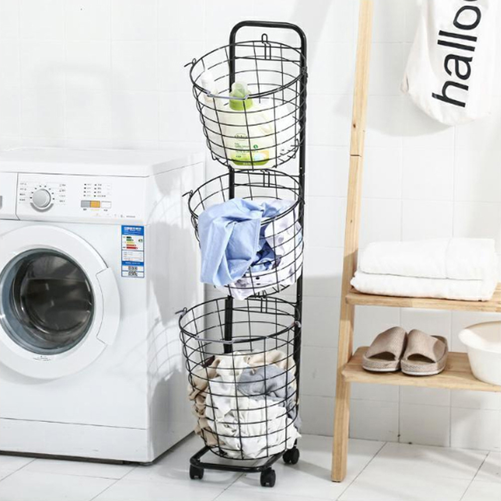 Living And Home WH0871 Black Metal Multi-Tier Laundry Basket With Wheels Image 2