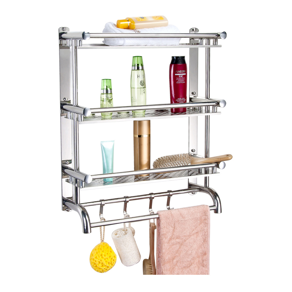 Living And Home WH0926 Silver Stainless Steel 2-Tier Bathroom Towel Rail With Hooks Image 3
