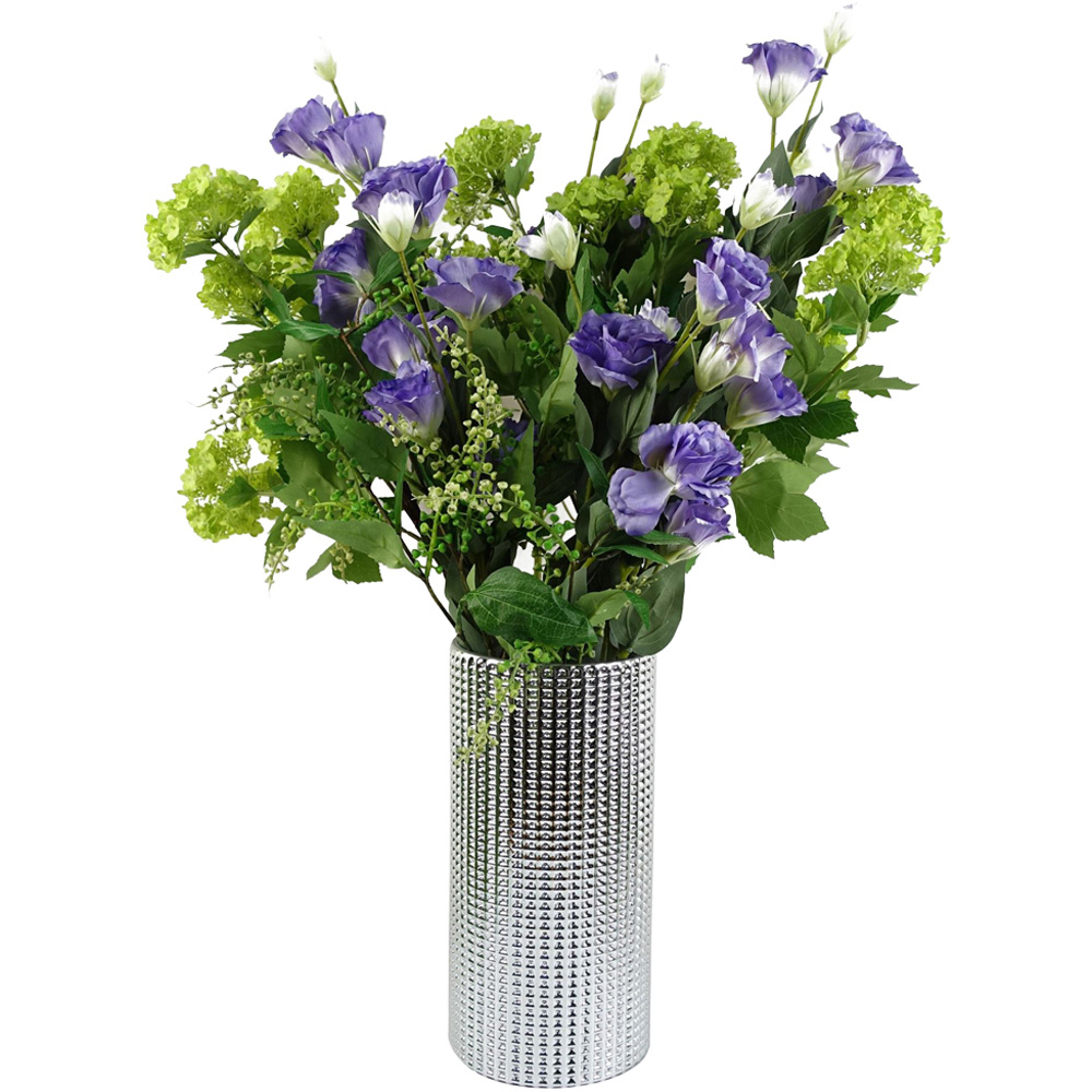 Leaf Purple Wild Rose Artificial Flower Bundle with Silver Glass Vase 60cm 11 Pack Image 1