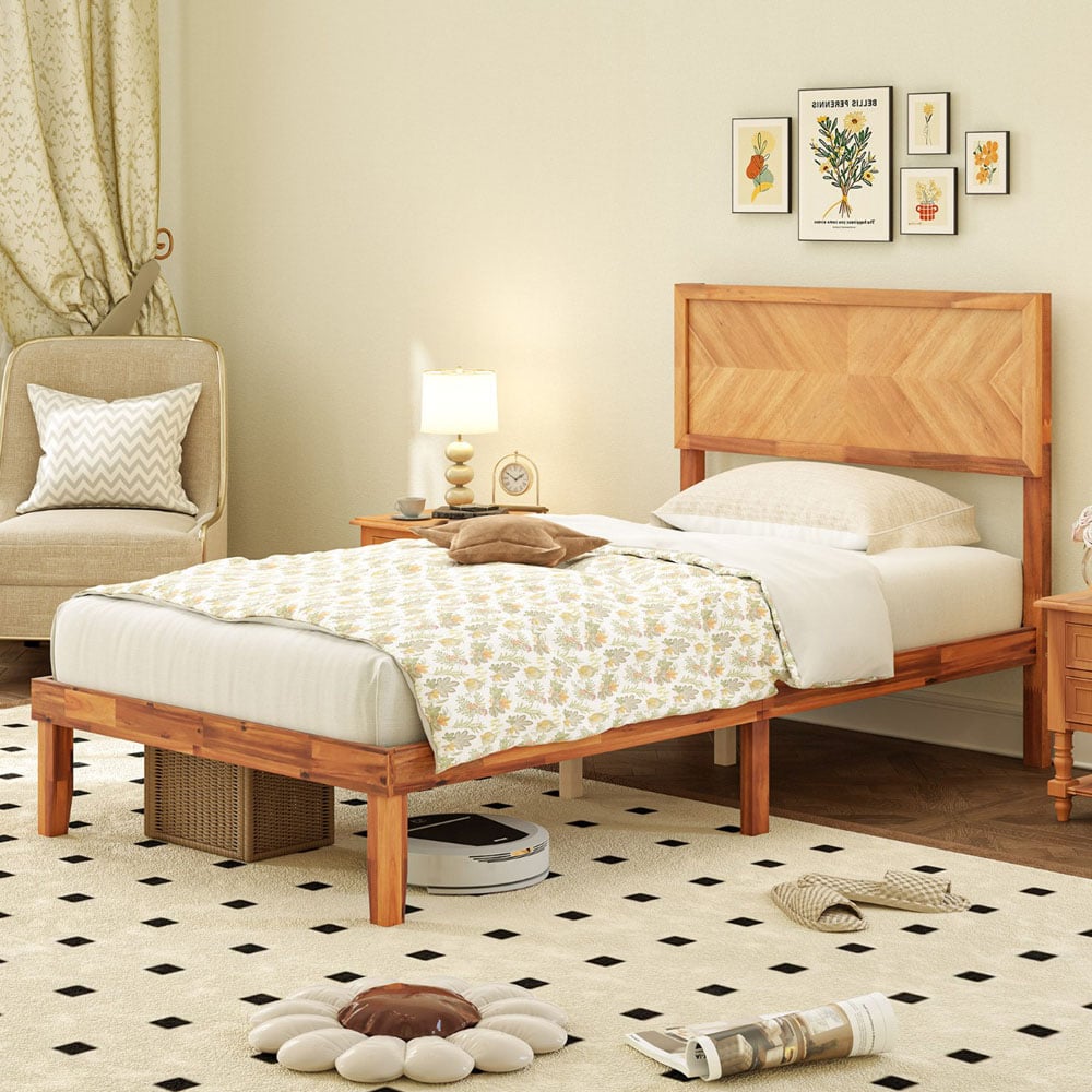 Costway Mid Century Single Acacia Wooden Bed Frame with Headboard Image 1