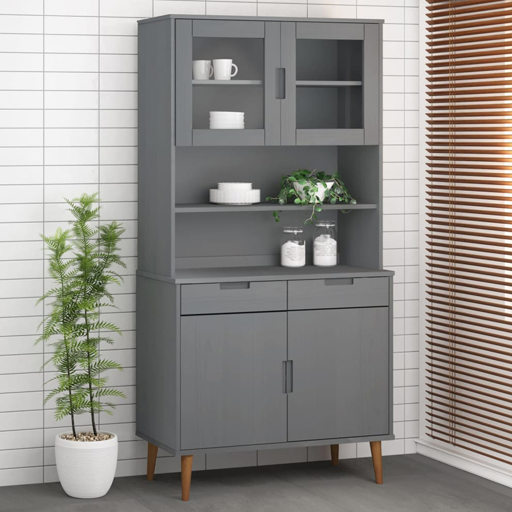 vidaXL Molde 2 Glass Door 2 Shelf Grey Solid Pine Wood Highboard Top Image 1