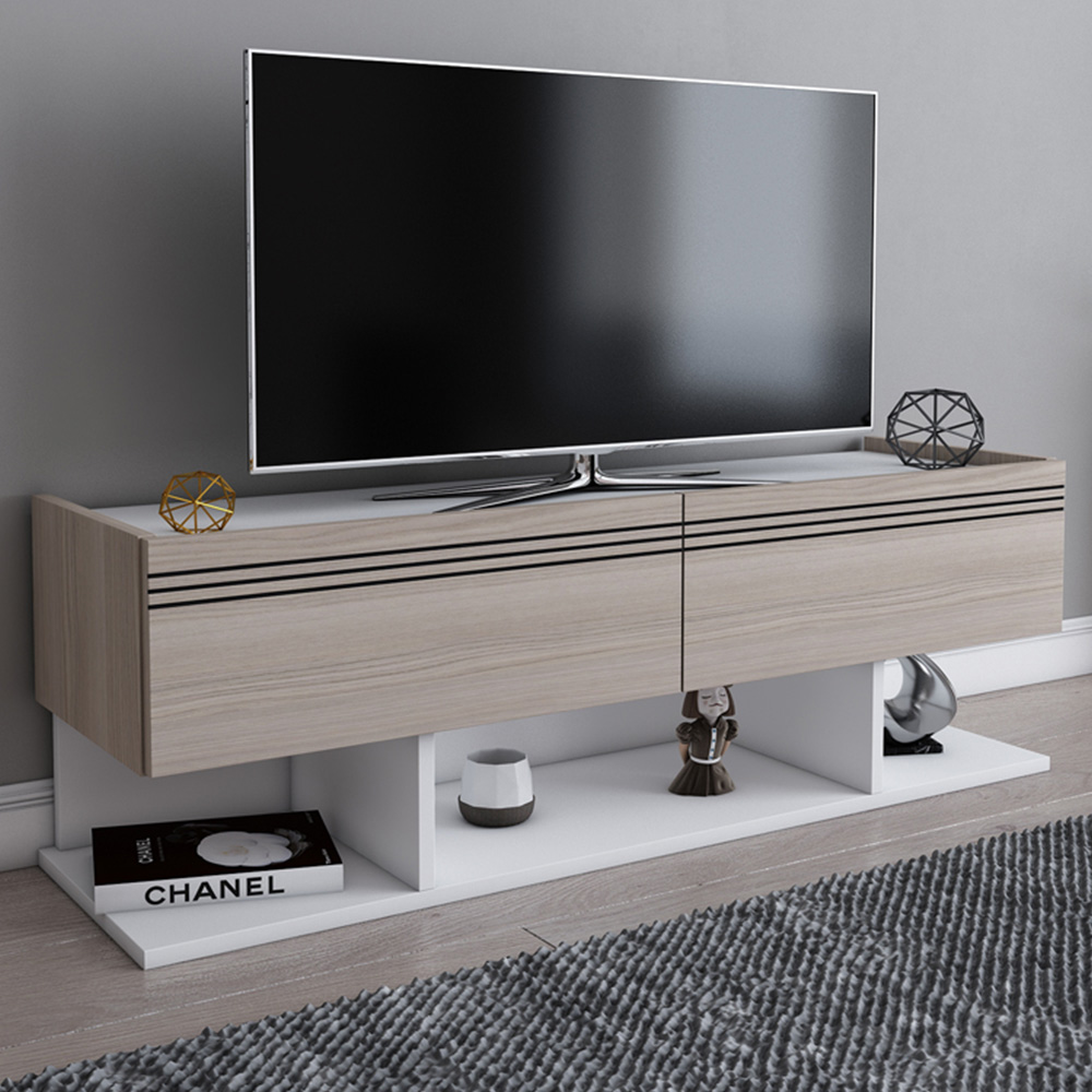 Decorotika Kase 2 Door 3 Shelf White and Cordoba Oak TV Unit Image 1