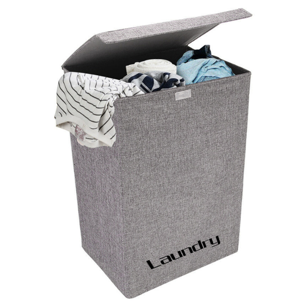 Living And Home WH0750 Grey Cotton Fabric Foldable Laundry Basket With Lid Image 3