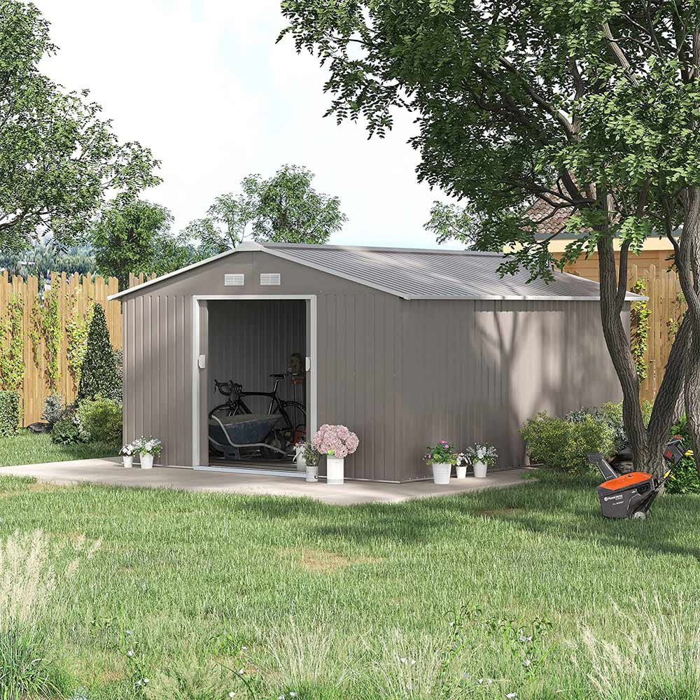 Outsunny 13 x 11ft Double Sliding Door Garden Storage Shed with Floor Foundation Image 2