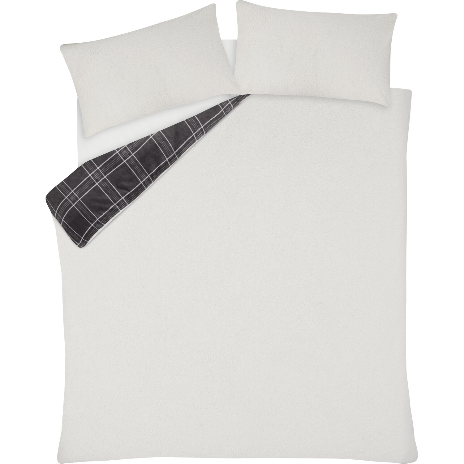 Check Printed Fleece Duvet Cover and Pillowcase Set - Grey / Superking Image 5