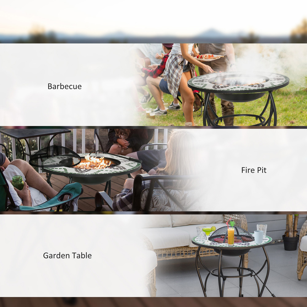 Outsunny 3in1 Mosaic Triangle Fire Pit BBQ Table with Poker and Mesh