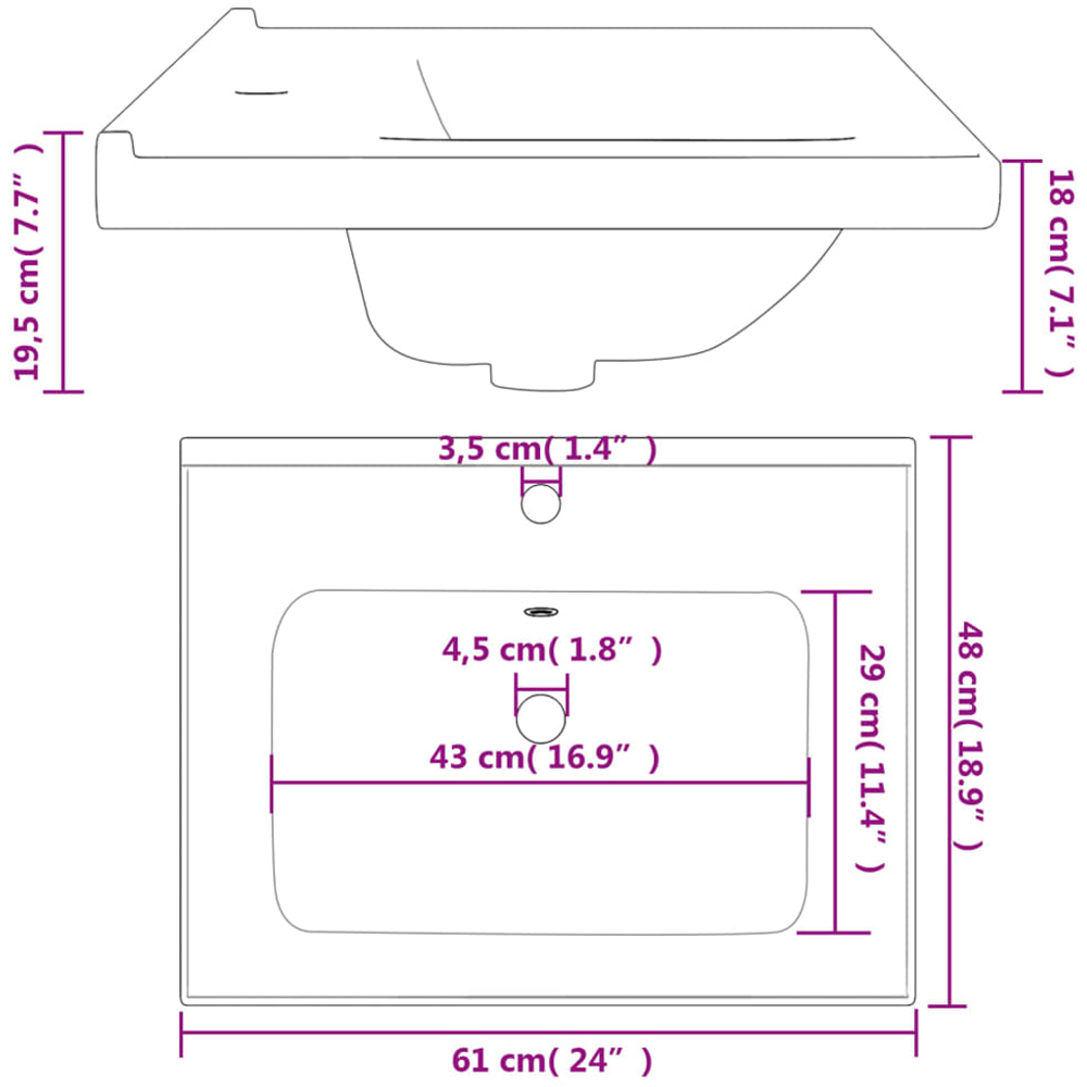 vidaXL White Ceramic Rectangular Bathroom Sink 195 x 480 x 610mm Image 6