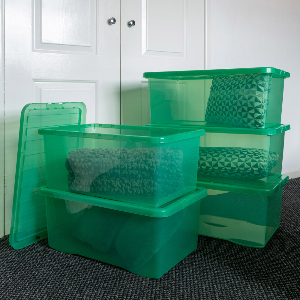 Wham Crystal 45L Clear Green Stackable Plastic Storage Box and Lid Pack 5 Image 2