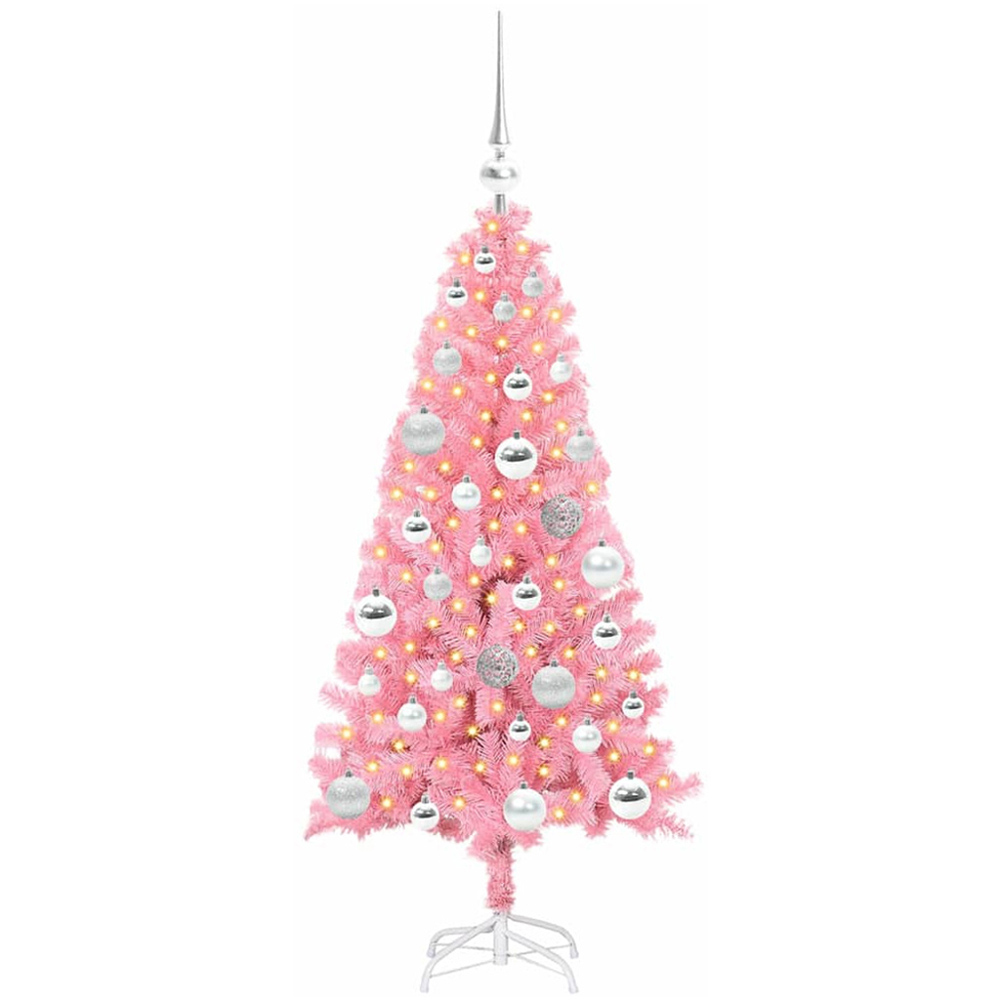 vidaXL Pre-Lit Silver Bauble Pink Artificial Christmas Tree 5ft Image 1