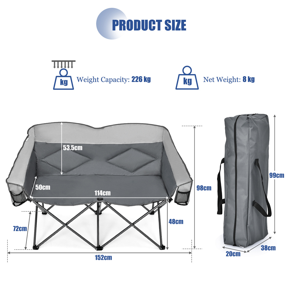 Costway 2 Seater Grey Folding Camping Chair with Padded Seat Image 9