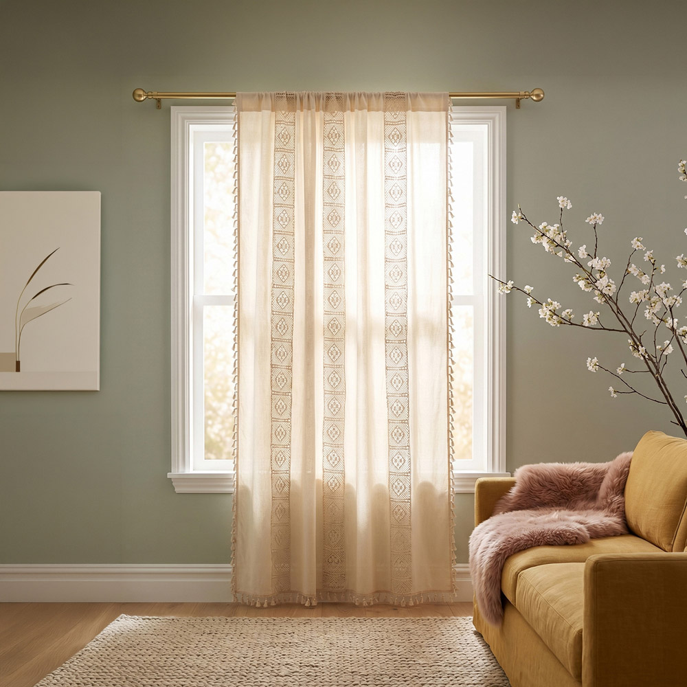 Living and Home Beige Bohemian Semi Sheer Diamond Pattern Curtain 200 x 150cm Image 7
