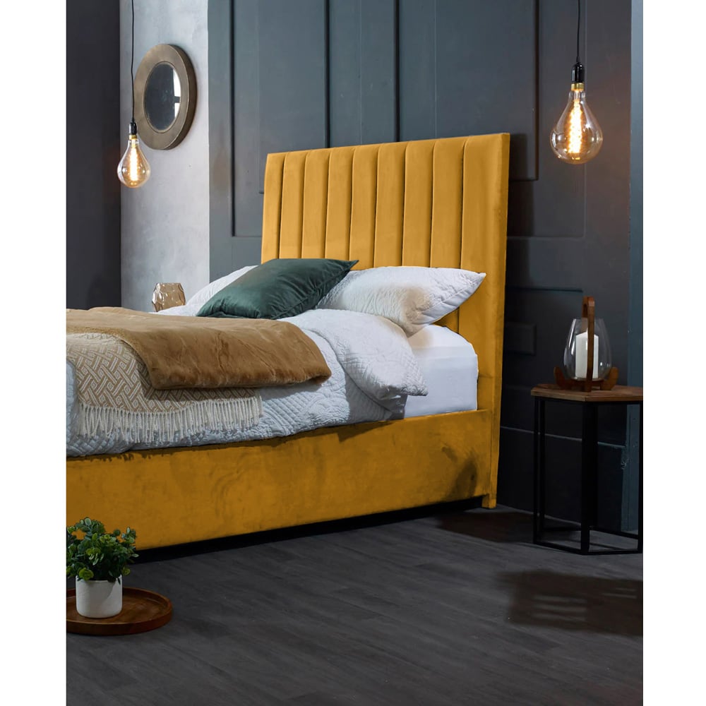 Eleganza Home Redding Double Mustard Plush Velvet Bed Frame with Headboard Image 2