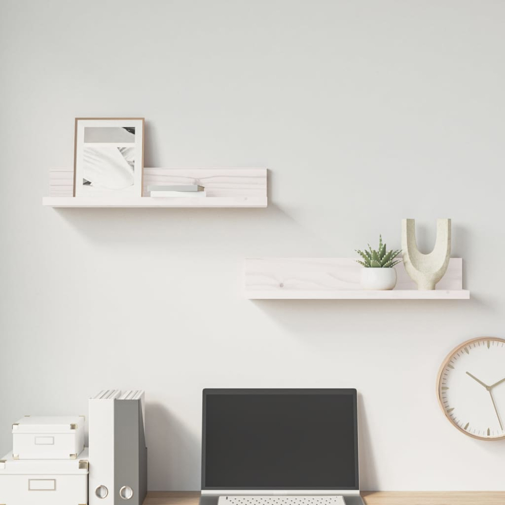 vidaXL 50cm Set of 2 White Solid Pine Wood Floating Wall Shelf Image 4