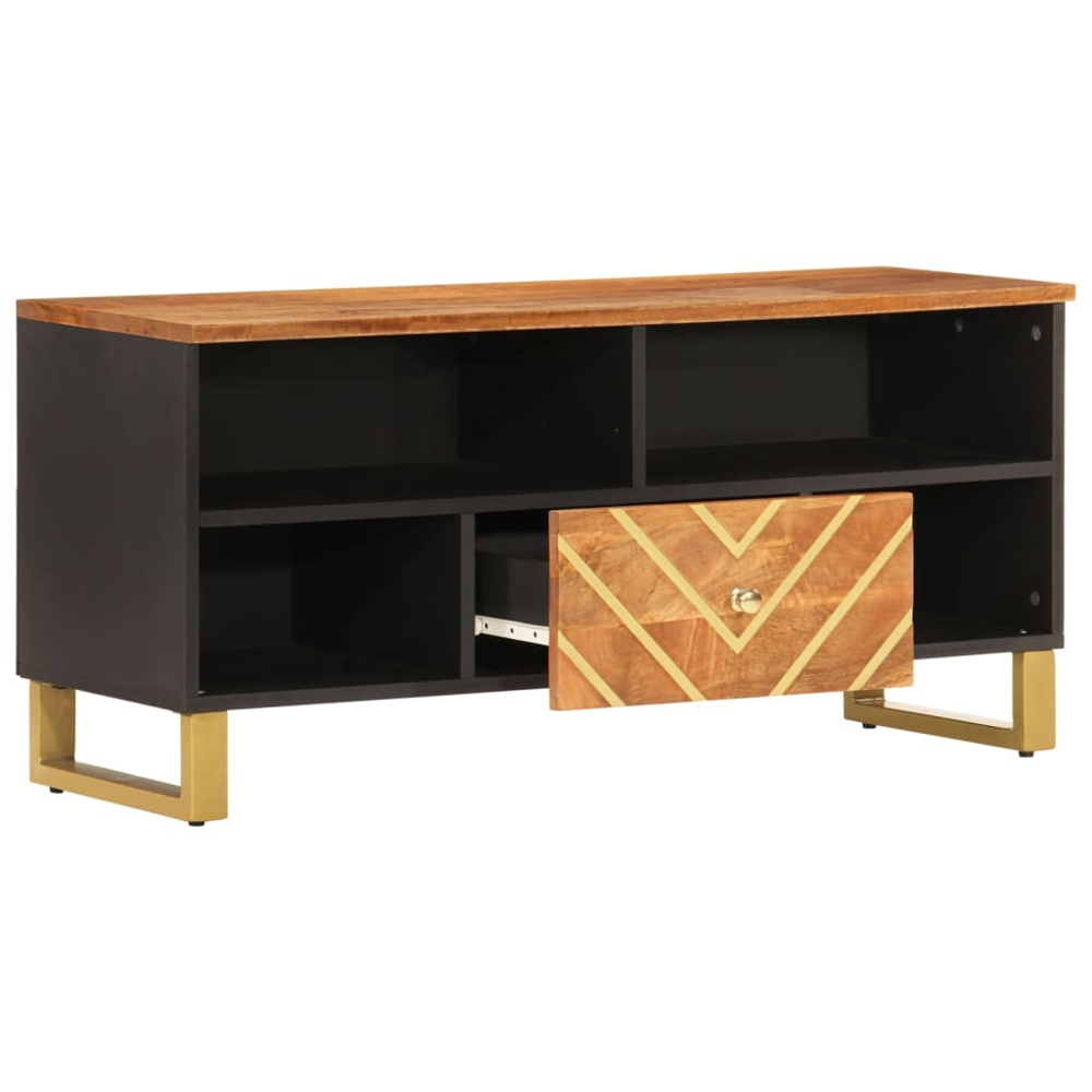 vidaXL Single Drawer 4 Shelf Brown and Black Solid Mango Wood TV Cabinet Image 3