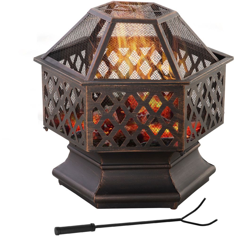 Outsunny Diamond Pattern Hexagonal Fire Pit with Poker and Mesh Lid Image 1