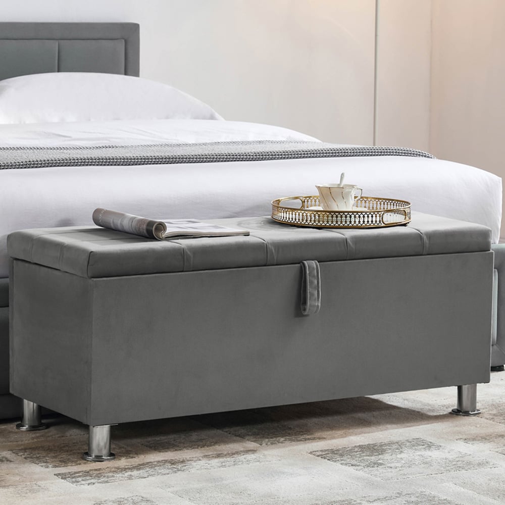 Vida Designs Valencia Light Grey Velvet Storage Ottoman Image 1