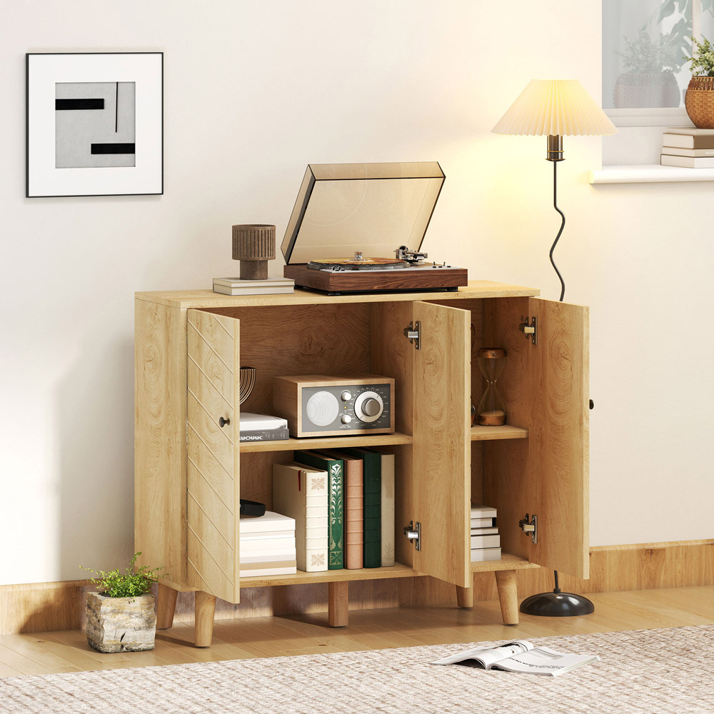 Portland 3 Door Natural Wood Finish Vintage Chevron Sideboard Image 3