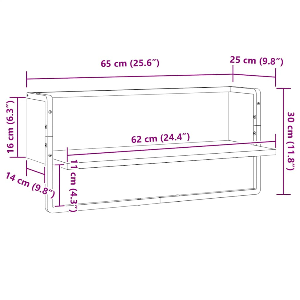 vidaXL 65cm Grey Sonoma Floating Wall Shelf with Bar Image 7