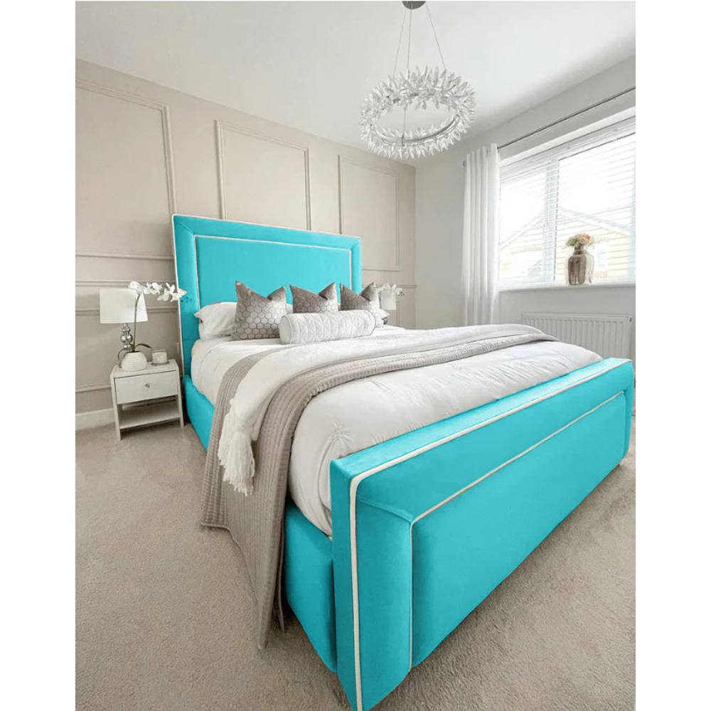 Eleganza Home Arring Super King Size Teal Plush Velvet Bed Frame with Headboard and Footboard Image 3