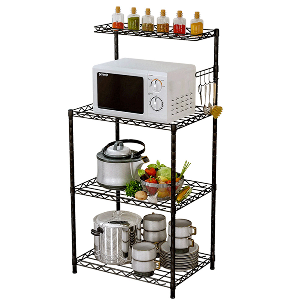 Living and Home Black Metal 4-Tier Microwave Storage Rack with Hooks Image 3