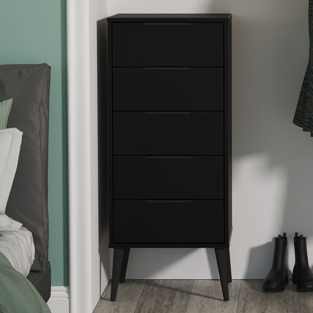 Crowndale Hong Kong 5 Drawer Matt Black Tall Bedside Cabinet Ready Assembled Image 1