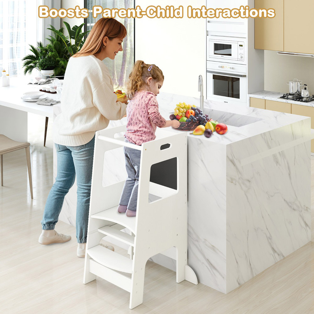 Costway White Adjustable Toddler Kitchen Step Stool with Activity Chalkboard Image 3