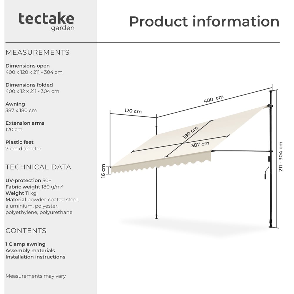 tectake Beige Retractable Awning 4 x 1.8m Image 8