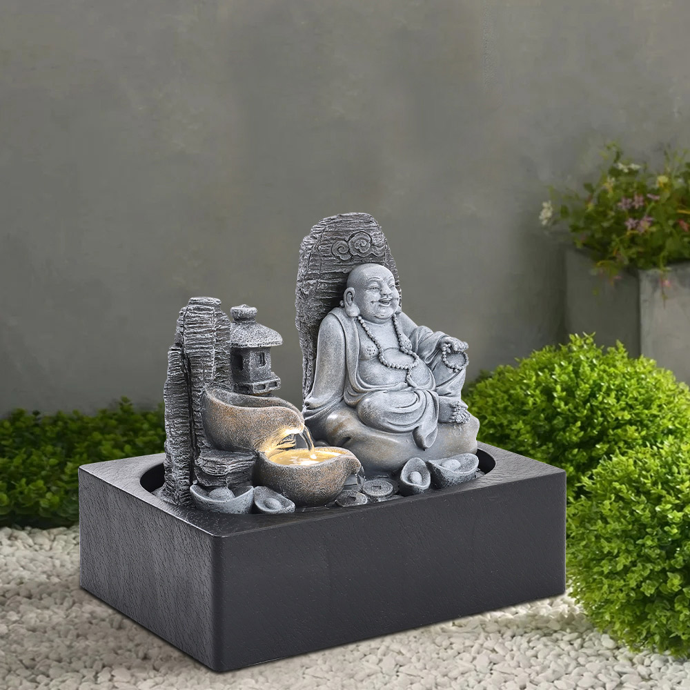 Living and Home Sitting Buddha Tabletop Resin Water Feature with Light Image 2