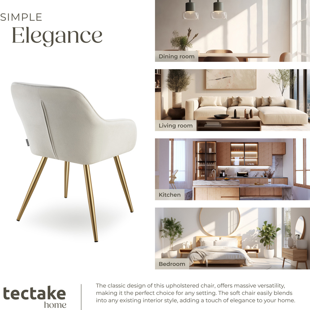 tectake Marilyn Set of 2 Cream and Gold Corduroy Padded Dining Chair Image 7
