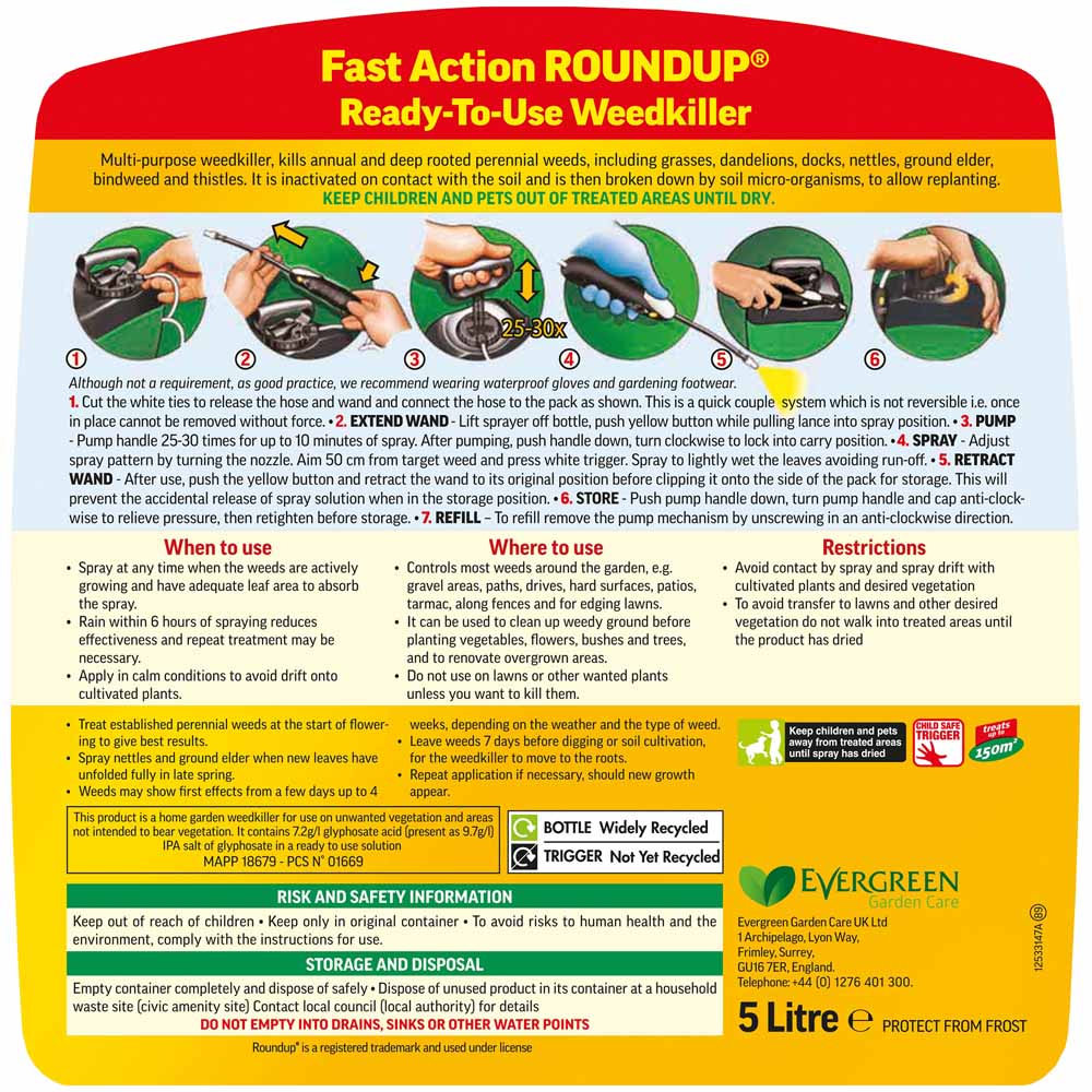 Roundup Fast Action Pump N Go Total Weedkiller 5L 150msq Image 2