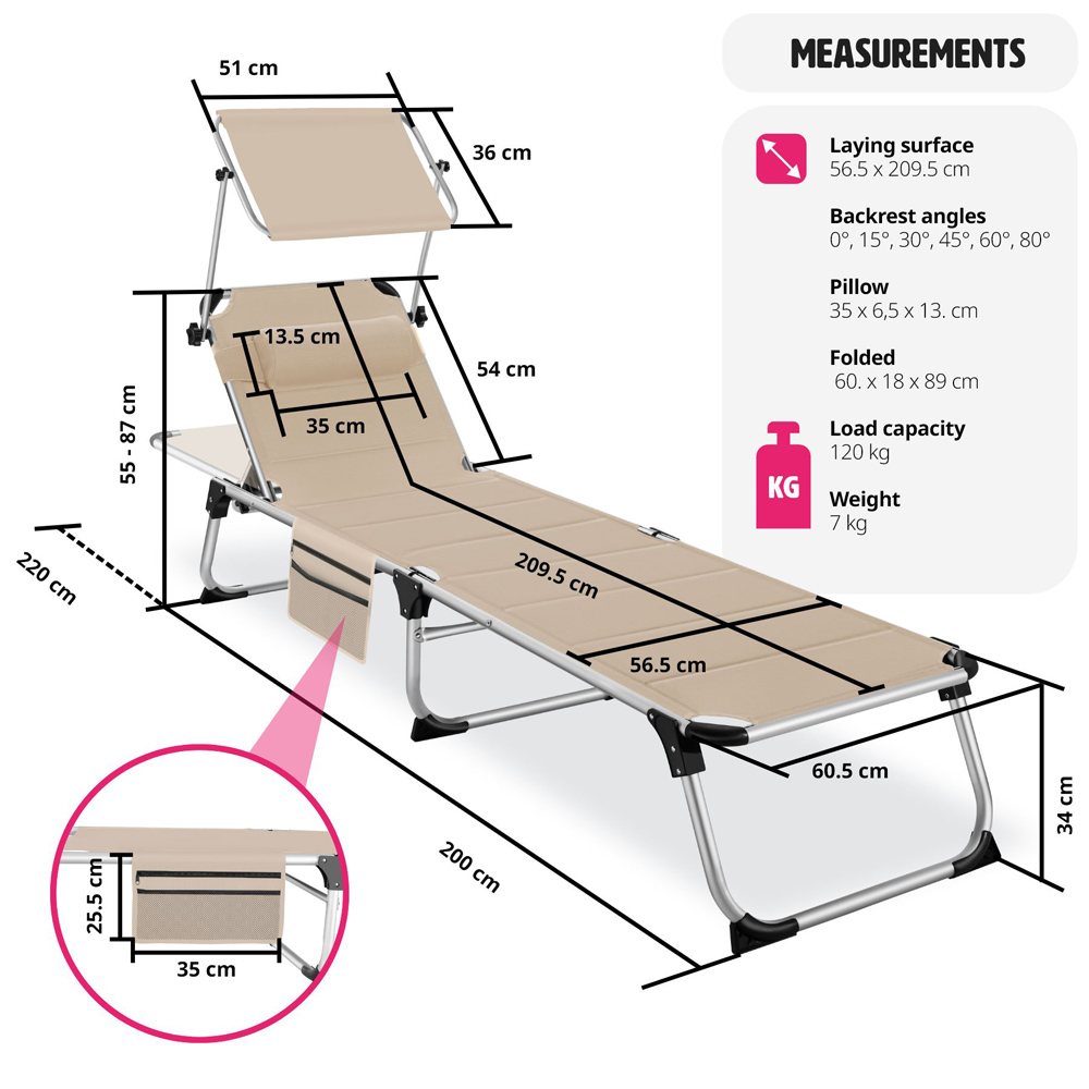 tectake Lorella Beige Aluminium Frame Foldable Sun Lounger Image 9