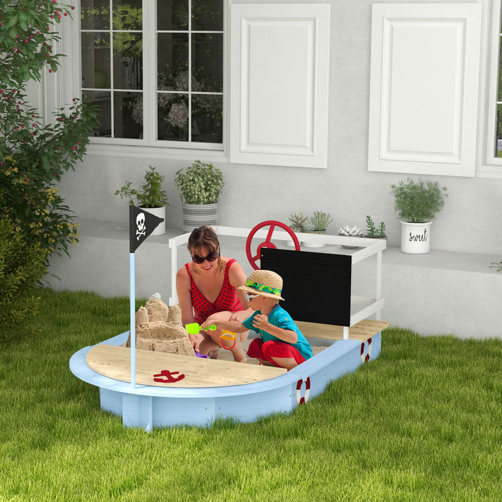 Outsunny Blue Wooden Ship Sand Pit Image 2