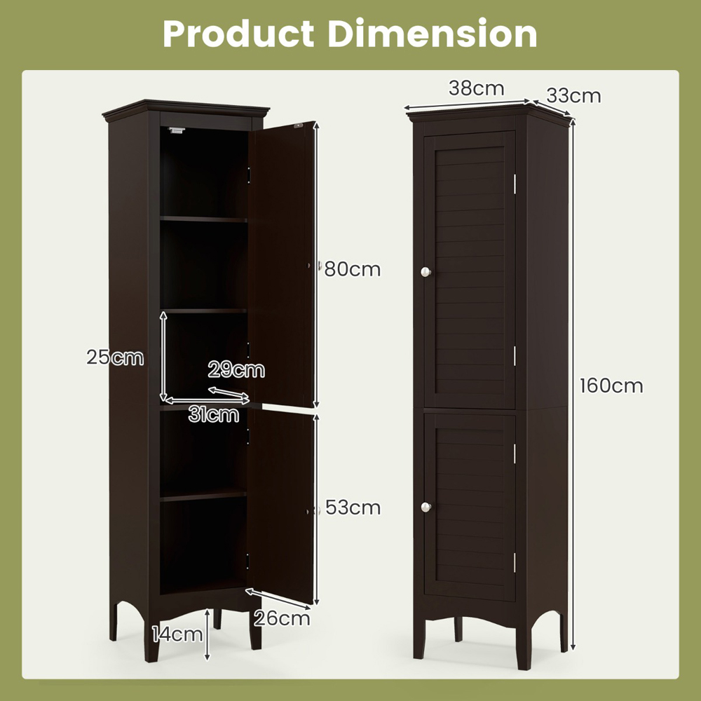 Costway 2 Door Dark Brown Tall Narrow Bathroom Cabinet Image 9