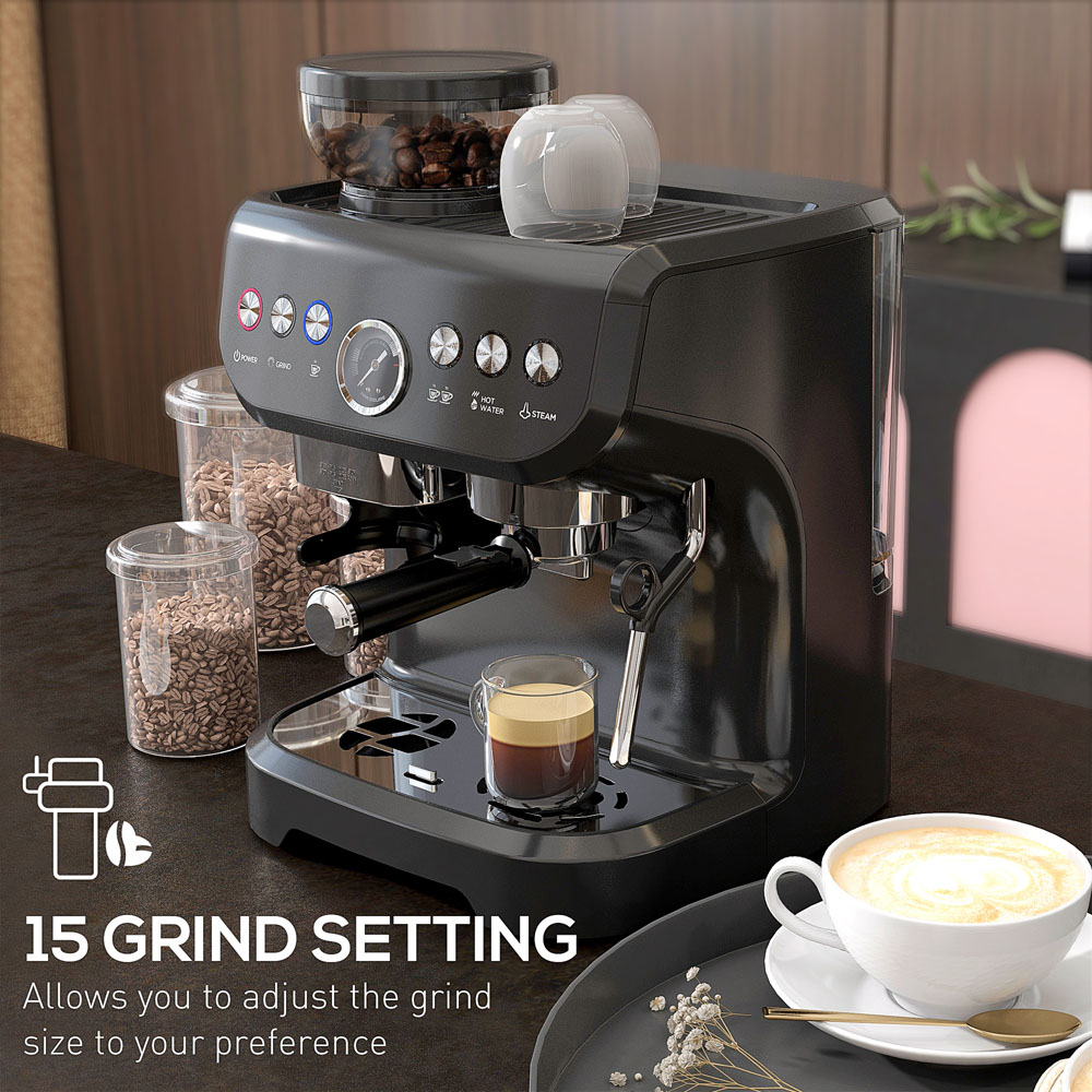 HOMCOM 800-197V70BK Black 15 Bar Pressure Espresso Machine with Bean Grinder and Steam Wand Image 4