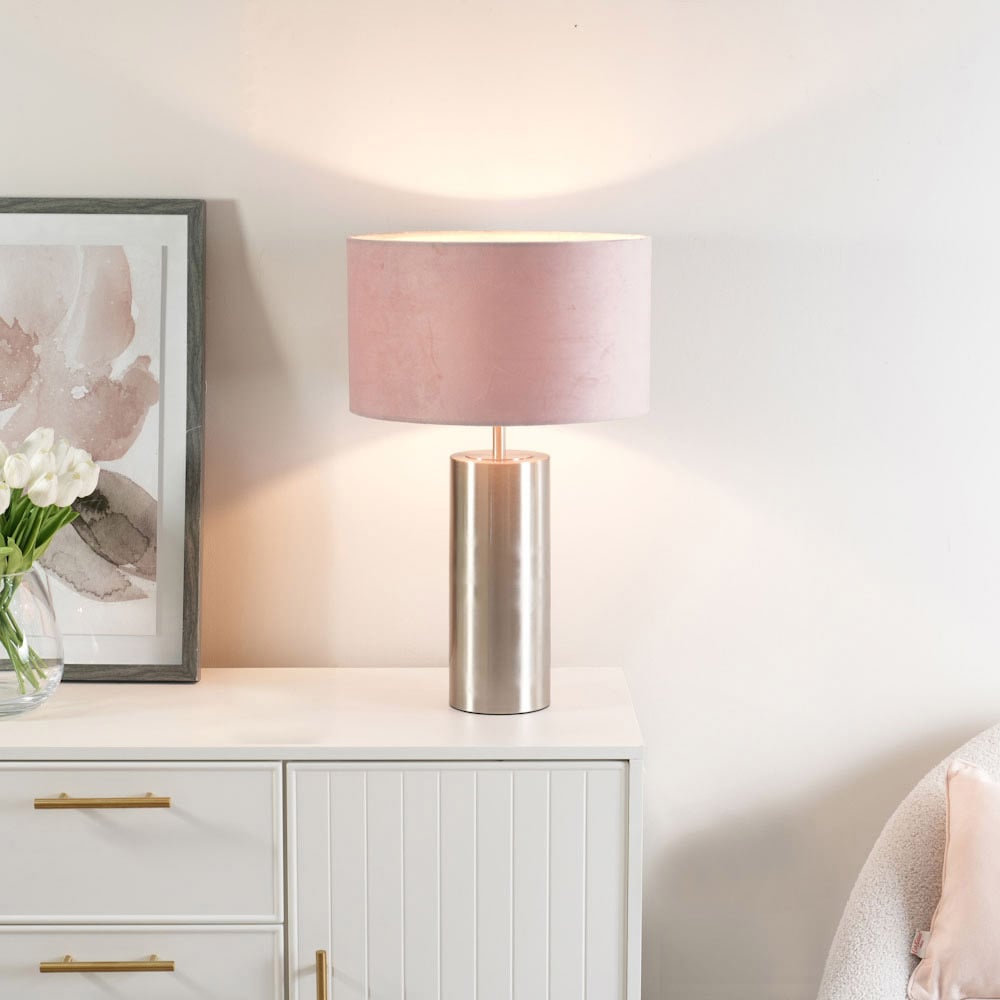 ValueLights Lexy Blush Pink Velvet Shade Chrome Touch LED Table Lamp Image 2