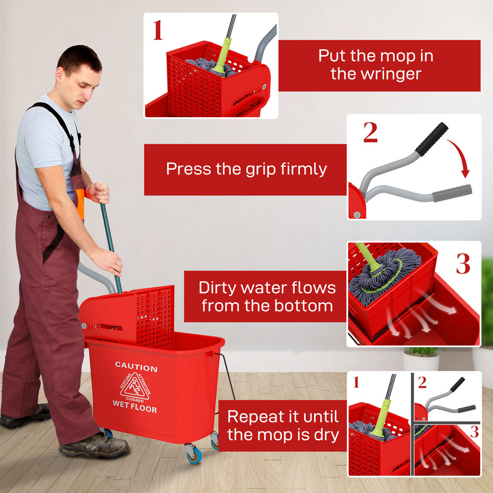 HOMCOM Red Wringer Handle Mop and Bucket Set on Wheels 20L Image 6