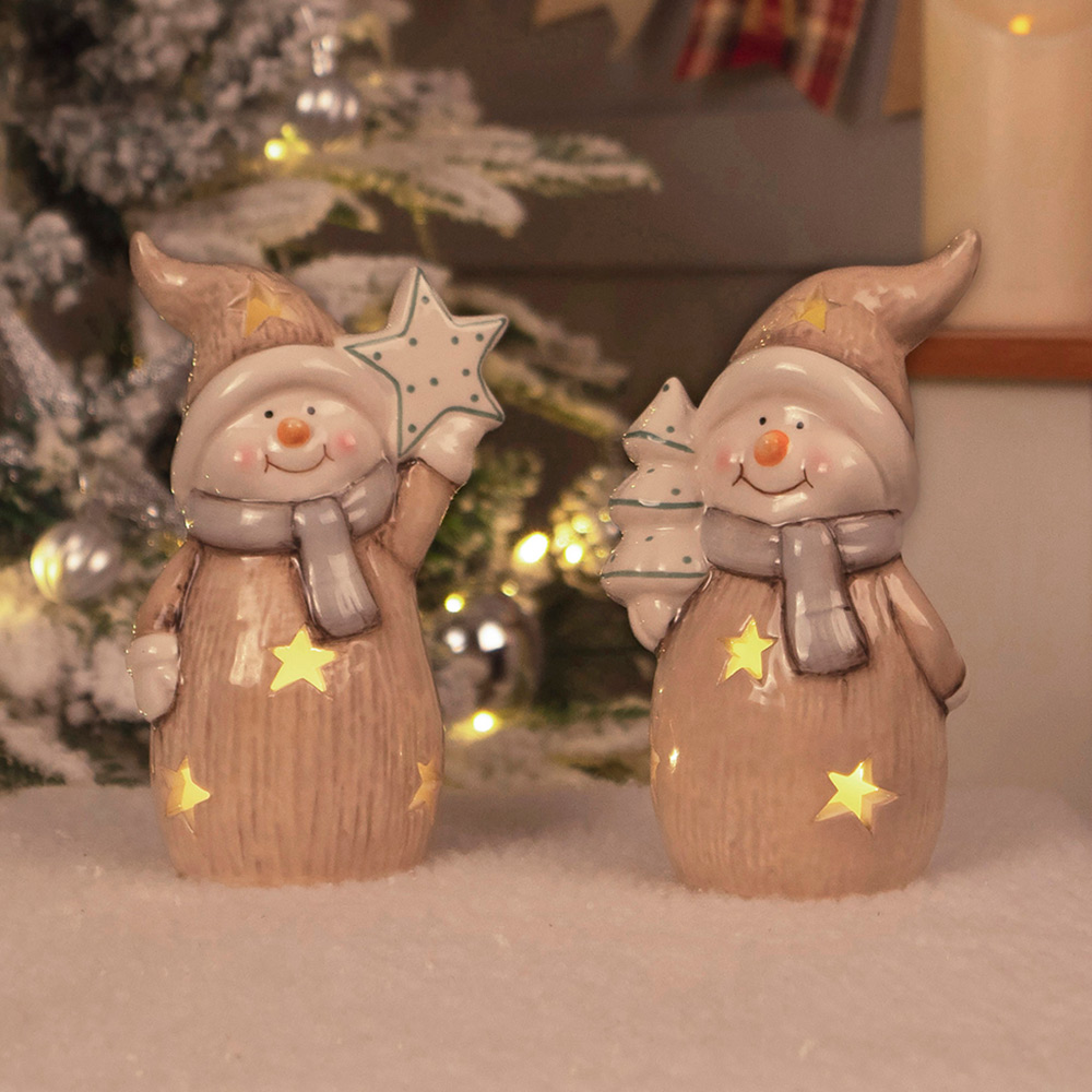 St Helens Cream Ceramic Light Up Snowmen Decoration 2 Pieces Image 3