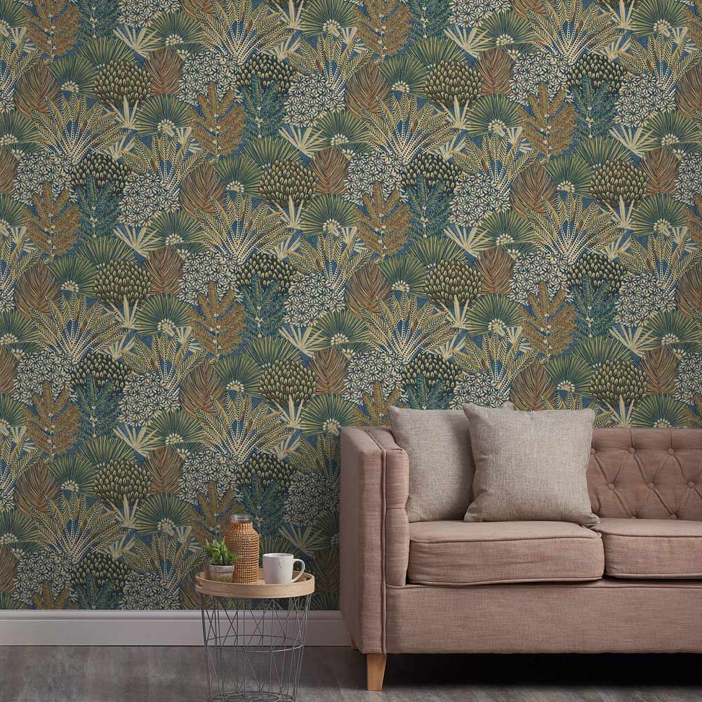 Grandeco Boutique Collection Botanical Mael Modern Jungle Navy Blue and Green Wallpaper Image 3